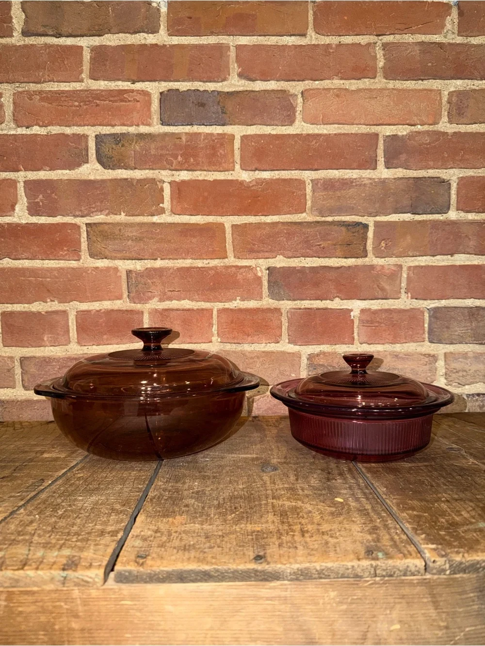 Amber Glass Covered Casserole Dish - Home Kitchen Vtg Pyrex & Vision Red Purple